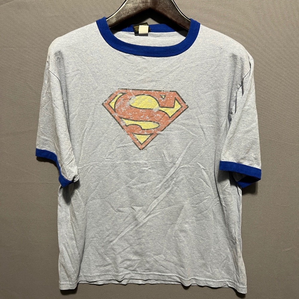 Vintage 2003 Warner Bros Superman Ringer Tee Gray Blue XL Made in USA DC Comics